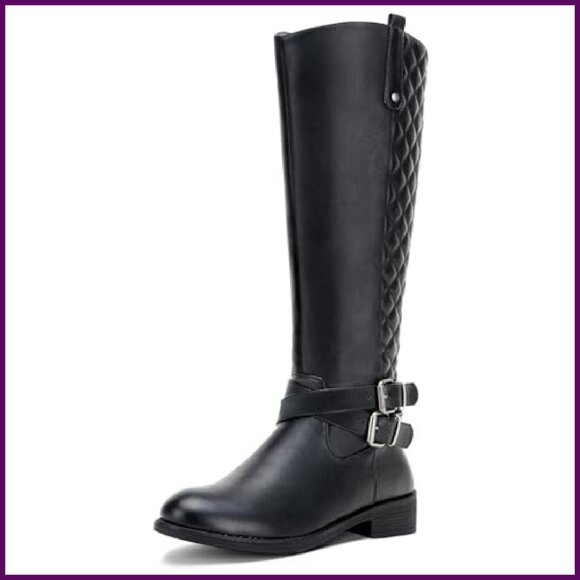 Women's Knee High Riding Boots Low Heel Wide Calf Vegan Leather - Picture 2 of 8